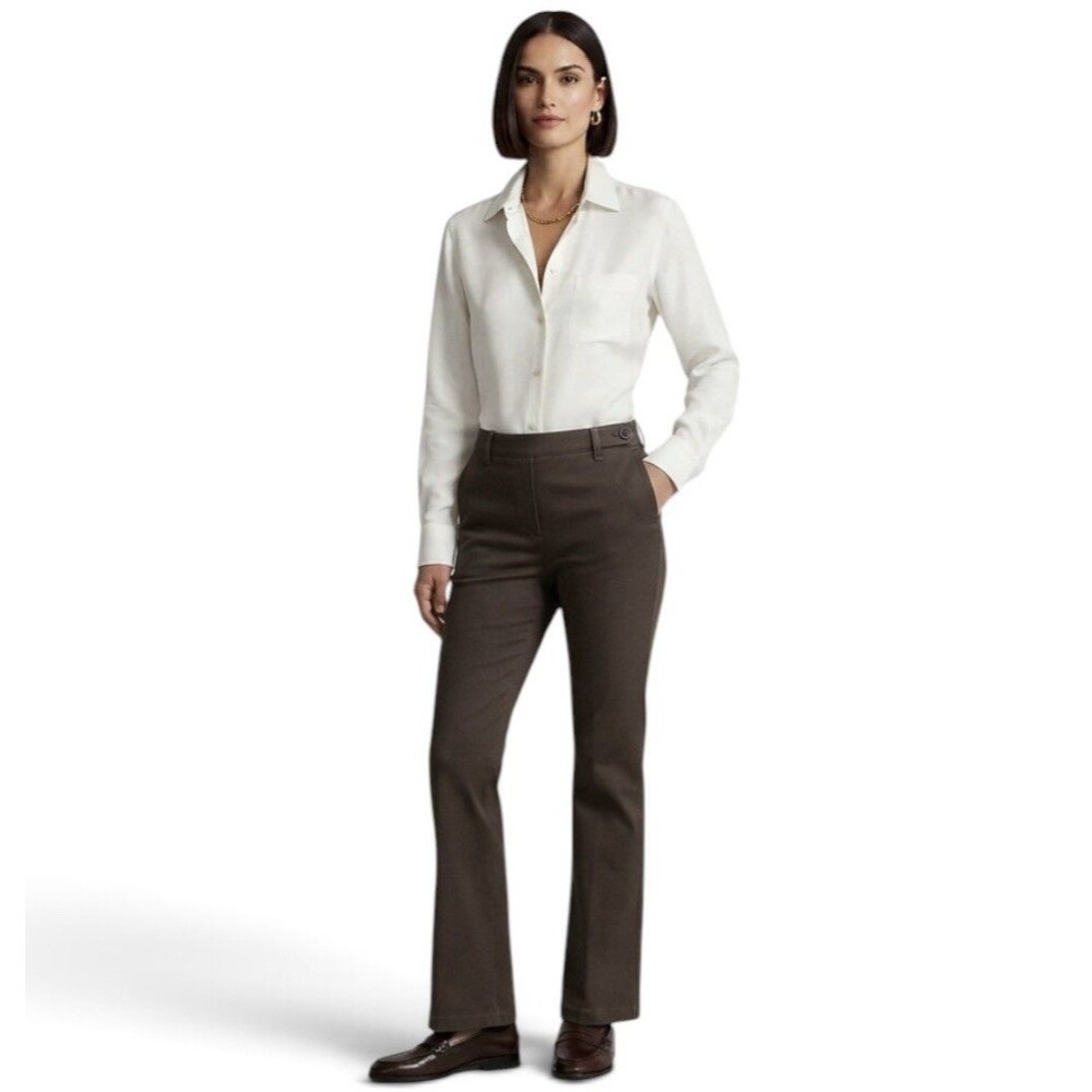 J. Jill Stretch Brown Khaki Mid Rise Pants Button Tab Details Women’s Size 8